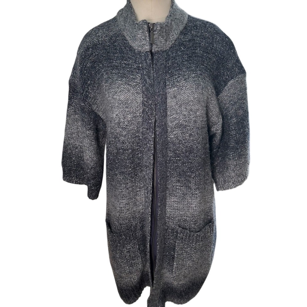 Chico's Full Zip Cardigan Women Size 2 Grey Ombre Wool Blend‎ Longline Pockets